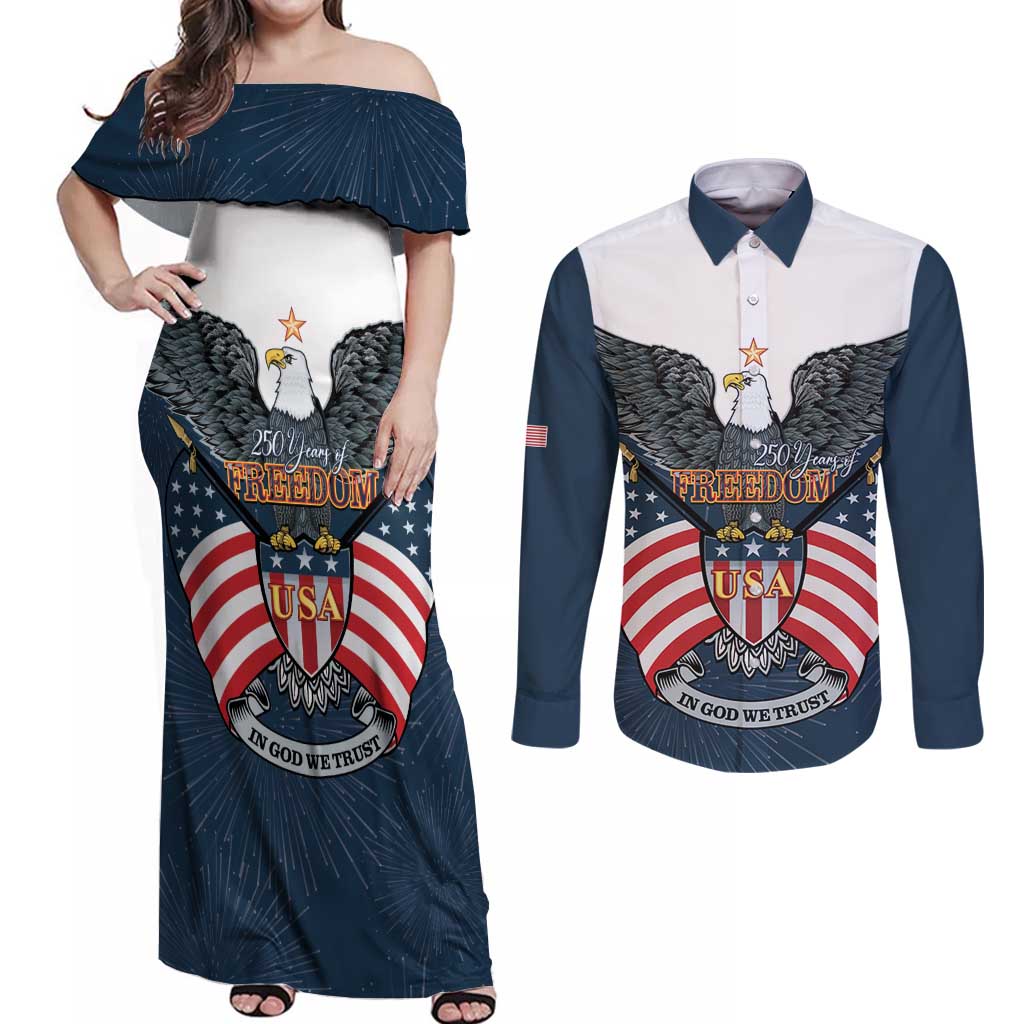 Personalized United States 4th Of July Couples Matching Off Shoulder Maxi Dress and Long Sleeve Button Shirt 250 Years Of Freedom USA Power Eagle - Wonder Print Shop