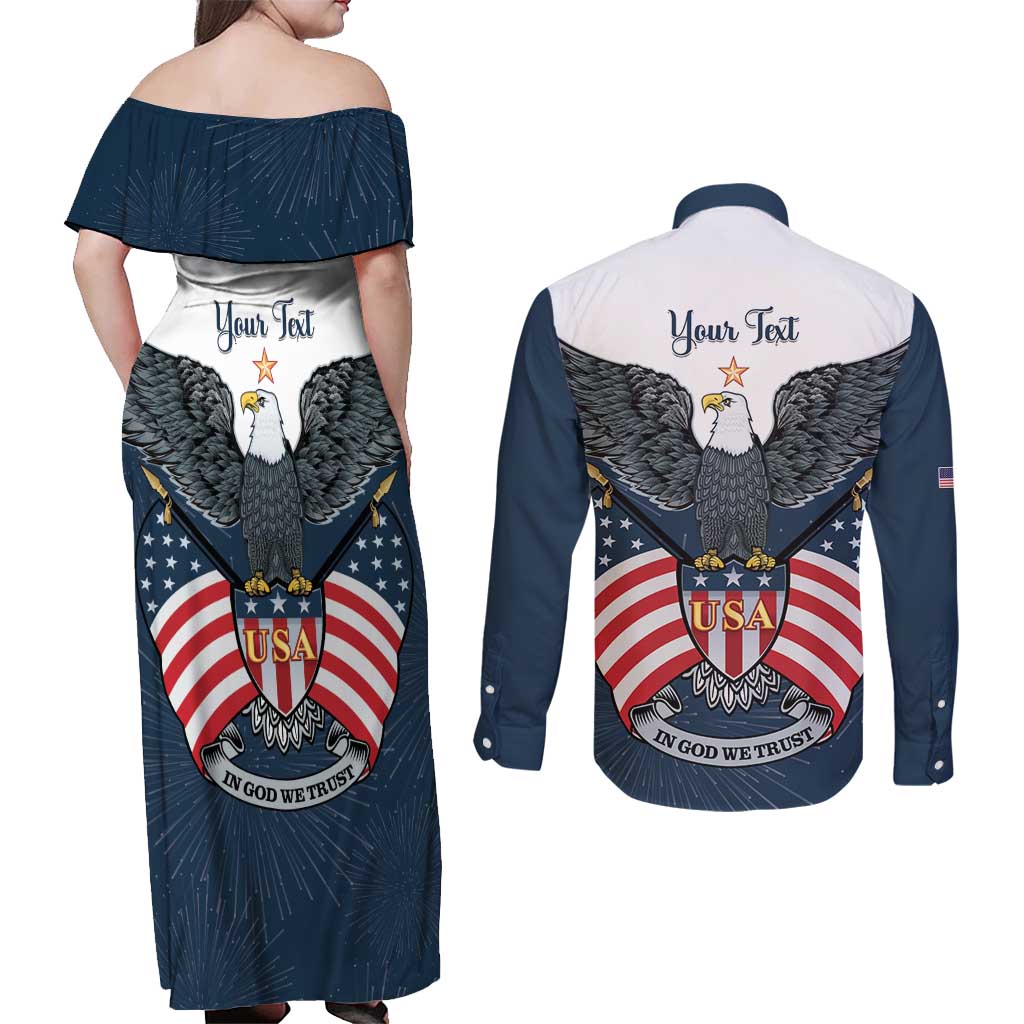 Personalized United States 4th Of July Couples Matching Off Shoulder Maxi Dress and Long Sleeve Button Shirt 250 Years Of Freedom USA Power Eagle - Wonder Print Shop