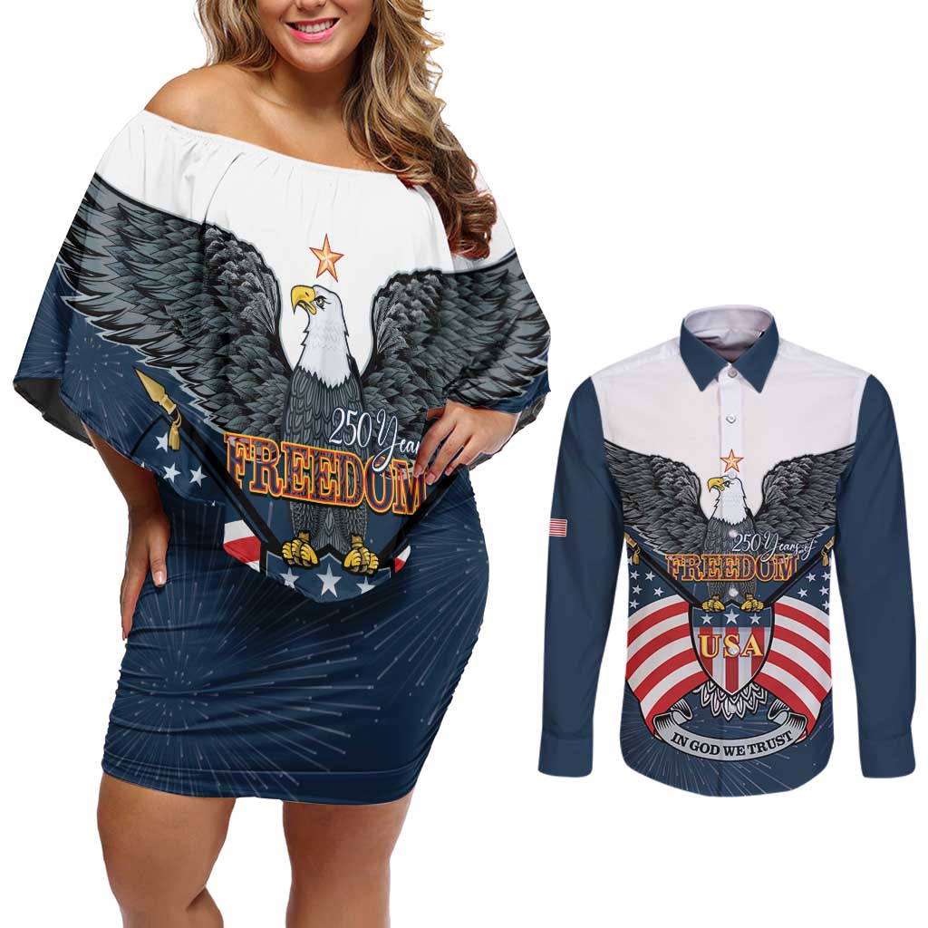 Personalized United States 4th Of July Couples Matching Off Shoulder Short Dress and Long Sleeve Button Shirt 250 Years Of Freedom USA Power Eagle - Wonder Print Shop