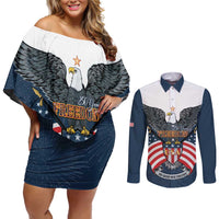 Personalized United States 4th Of July Couples Matching Off Shoulder Short Dress and Long Sleeve Button Shirt 250 Years Of Freedom USA Power Eagle - Wonder Print Shop