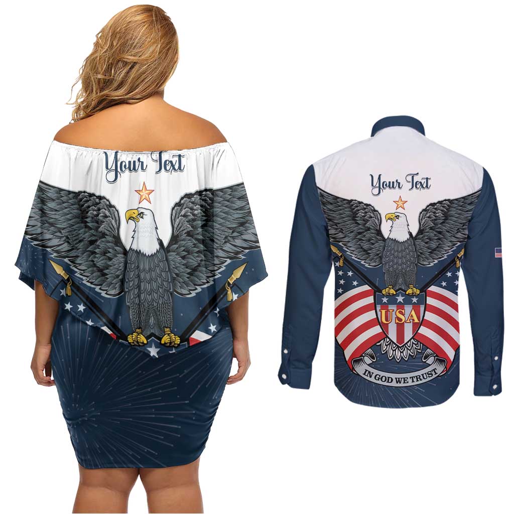 Personalized United States 4th Of July Couples Matching Off Shoulder Short Dress and Long Sleeve Button Shirt 250 Years Of Freedom USA Power Eagle - Wonder Print Shop