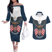 Personalized United States 4th Of July Couples Matching Off The Shoulder Long Sleeve Dress and Hawaiian Shirt 250 Years Of Freedom USA Power Eagle - Wonder Print Shop