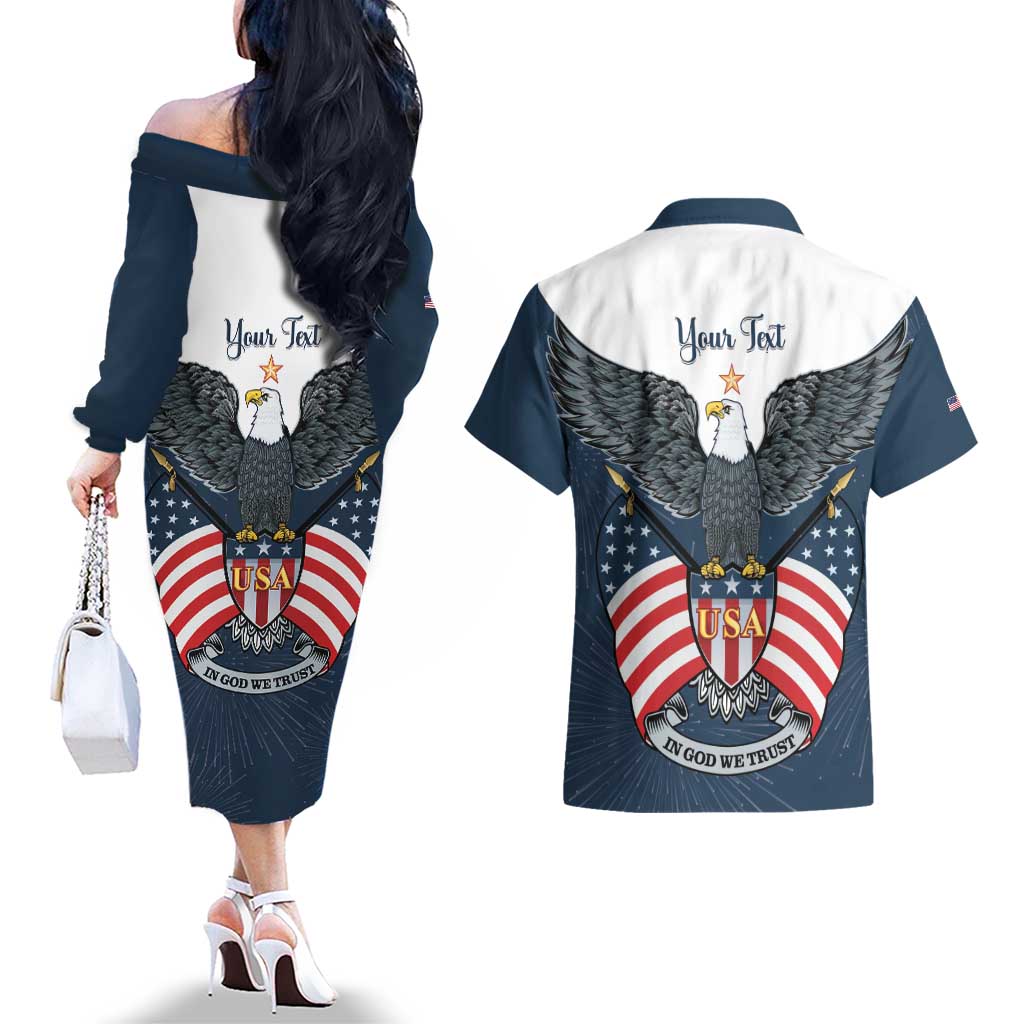 Personalized United States 4th Of July Couples Matching Off The Shoulder Long Sleeve Dress and Hawaiian Shirt 250 Years Of Freedom USA Power Eagle - Wonder Print Shop