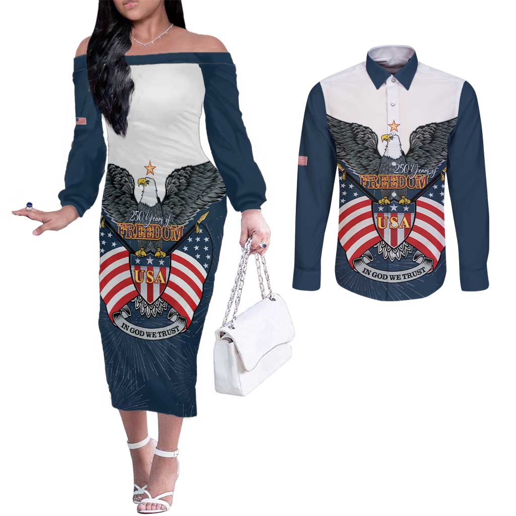 Personalized United States 4th Of July Couples Matching Off The Shoulder Long Sleeve Dress and Long Sleeve Button Shirt 250 Years Of Freedom USA Power Eagle - Wonder Print Shop