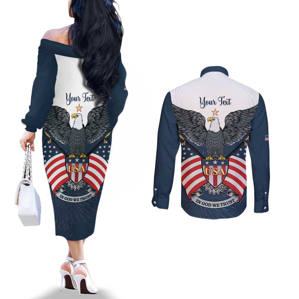 Personalized United States 4th Of July Couples Matching Off The Shoulder Long Sleeve Dress and Long Sleeve Button Shirt 250 Years Of Freedom USA Power Eagle - Wonder Print Shop