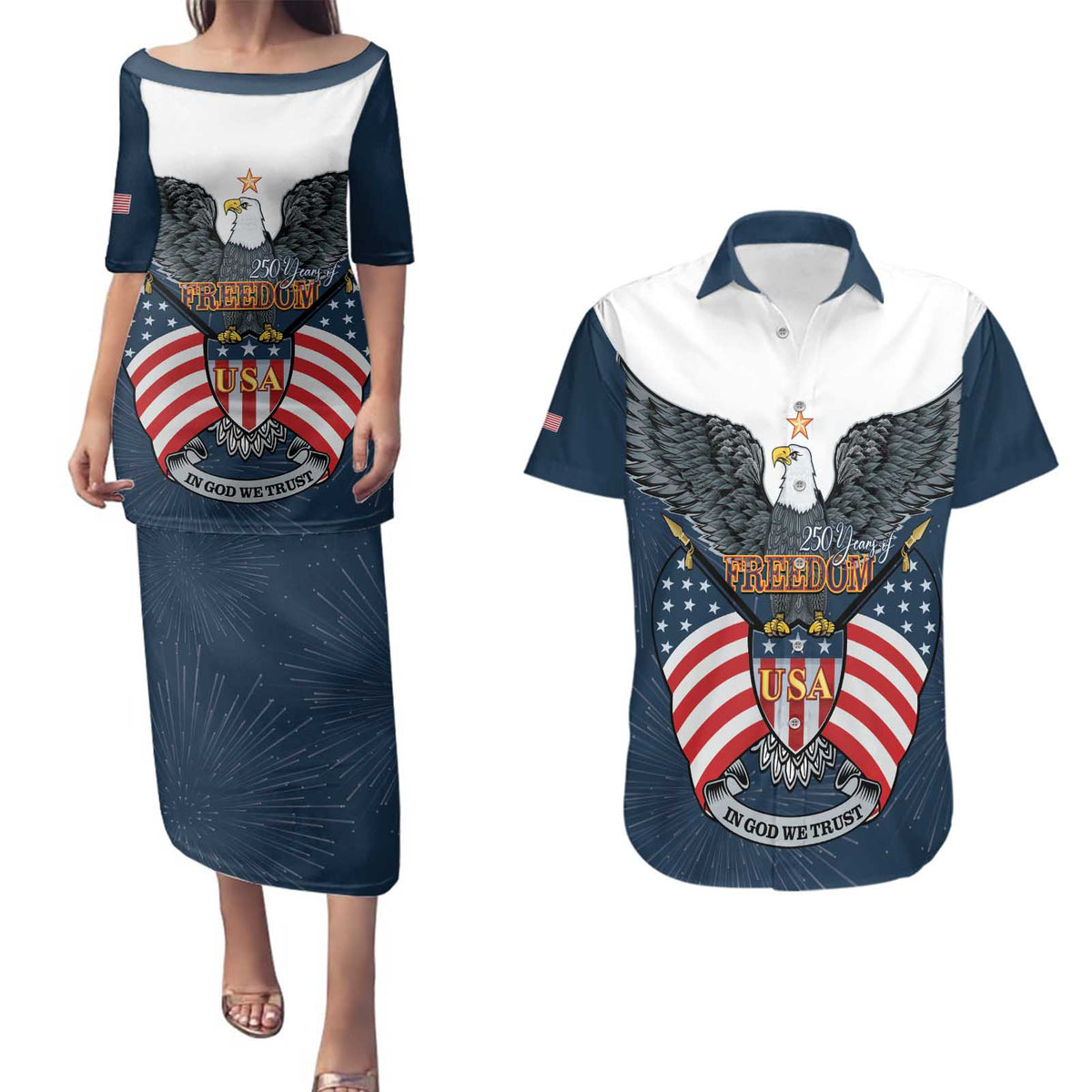 Personalized United States 4th Of July Couples Matching Puletasi and Hawaiian Shirt 250 Years Of Freedom USA Power Eagle - Wonder Print Shop