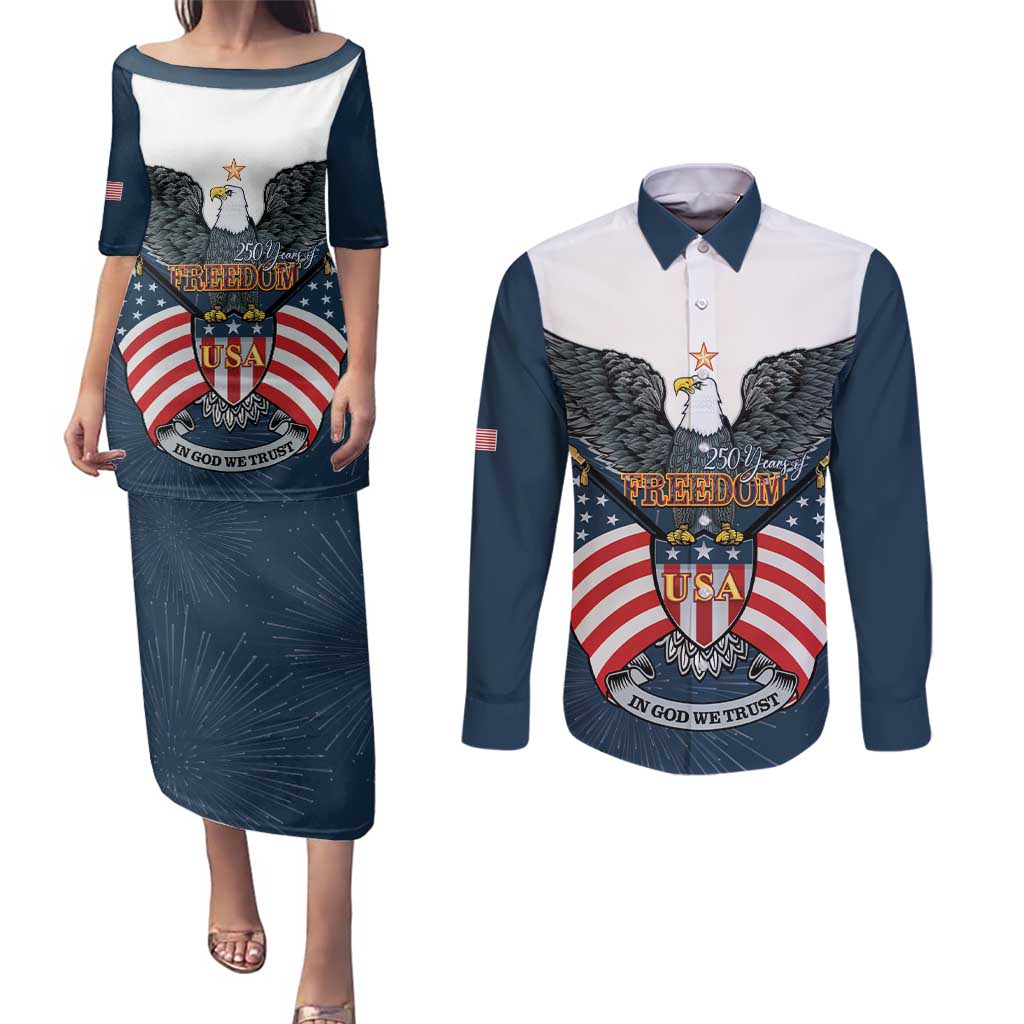 Personalized United States 4th Of July Couples Matching Puletasi and Long Sleeve Button Shirt 250 Years Of Freedom USA Power Eagle - Wonder Print Shop
