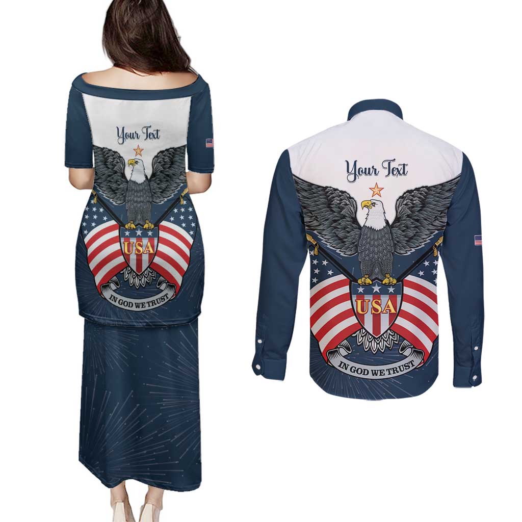 Personalized United States 4th Of July Couples Matching Puletasi and Long Sleeve Button Shirt 250 Years Of Freedom USA Power Eagle - Wonder Print Shop