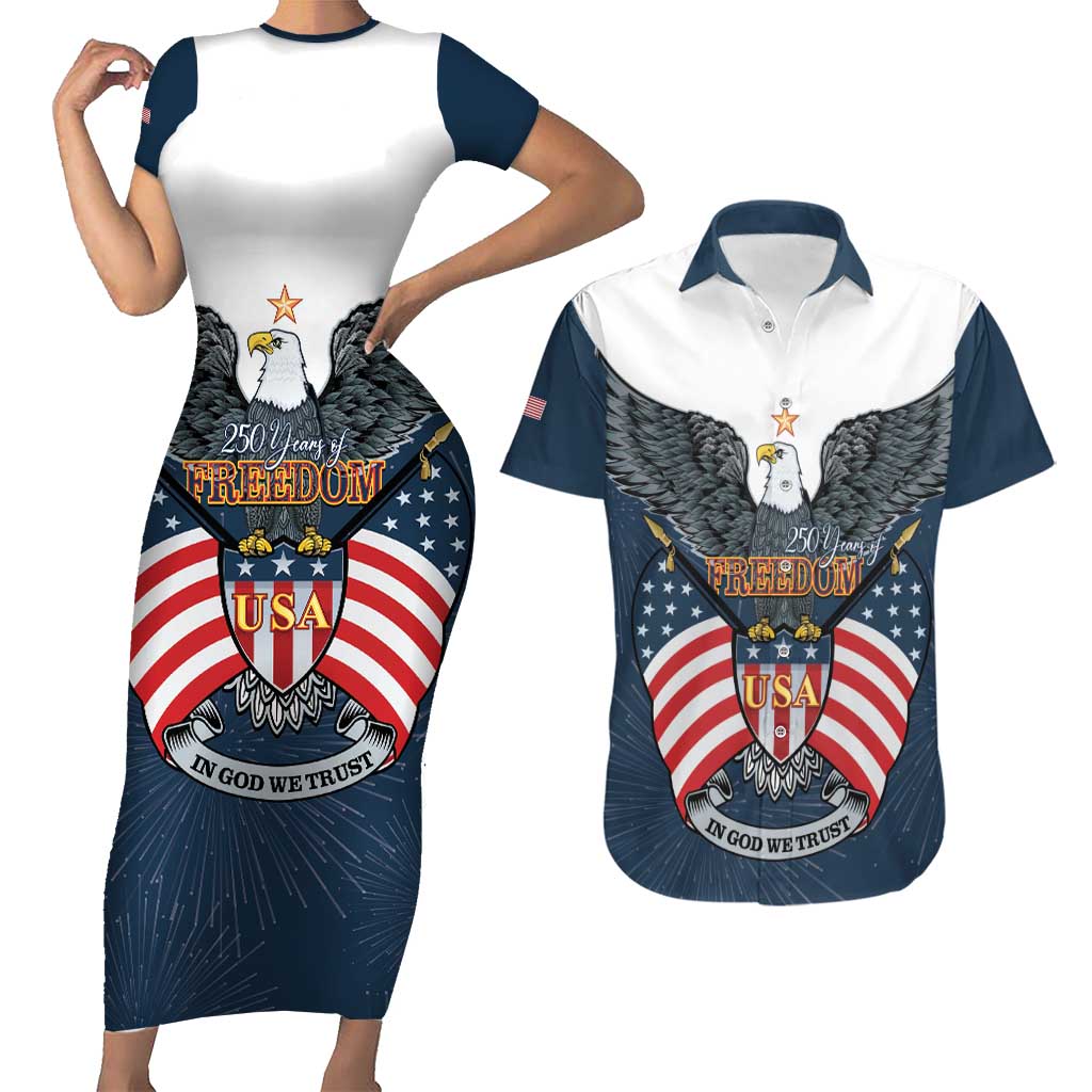 Personalized United States 4th Of July Couples Matching Short Sleeve Bodycon Dress and Hawaiian Shirt 250 Years Of Freedom USA Power Eagle - Wonder Print Shop