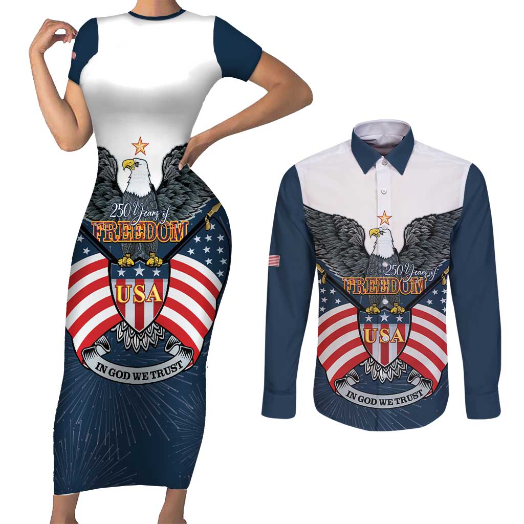 Personalized United States 4th Of July Couples Matching Short Sleeve Bodycon Dress and Long Sleeve Button Shirt 250 Years Of Freedom USA Power Eagle - Wonder Print Shop