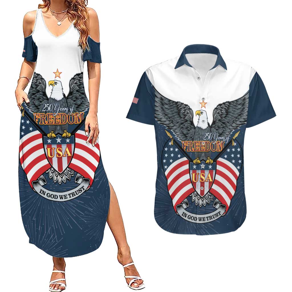 Personalized United States 4th Of July Couples Matching Summer Maxi Dress and Hawaiian Shirt 250 Years Of Freedom USA Power Eagle - Wonder Print Shop