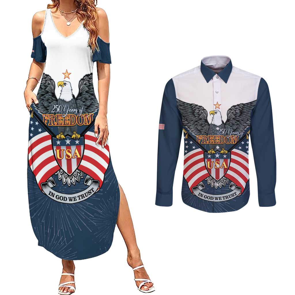 Personalized United States 4th Of July Couples Matching Summer Maxi Dress and Long Sleeve Button Shirt 250 Years Of Freedom USA Power Eagle - Wonder Print Shop