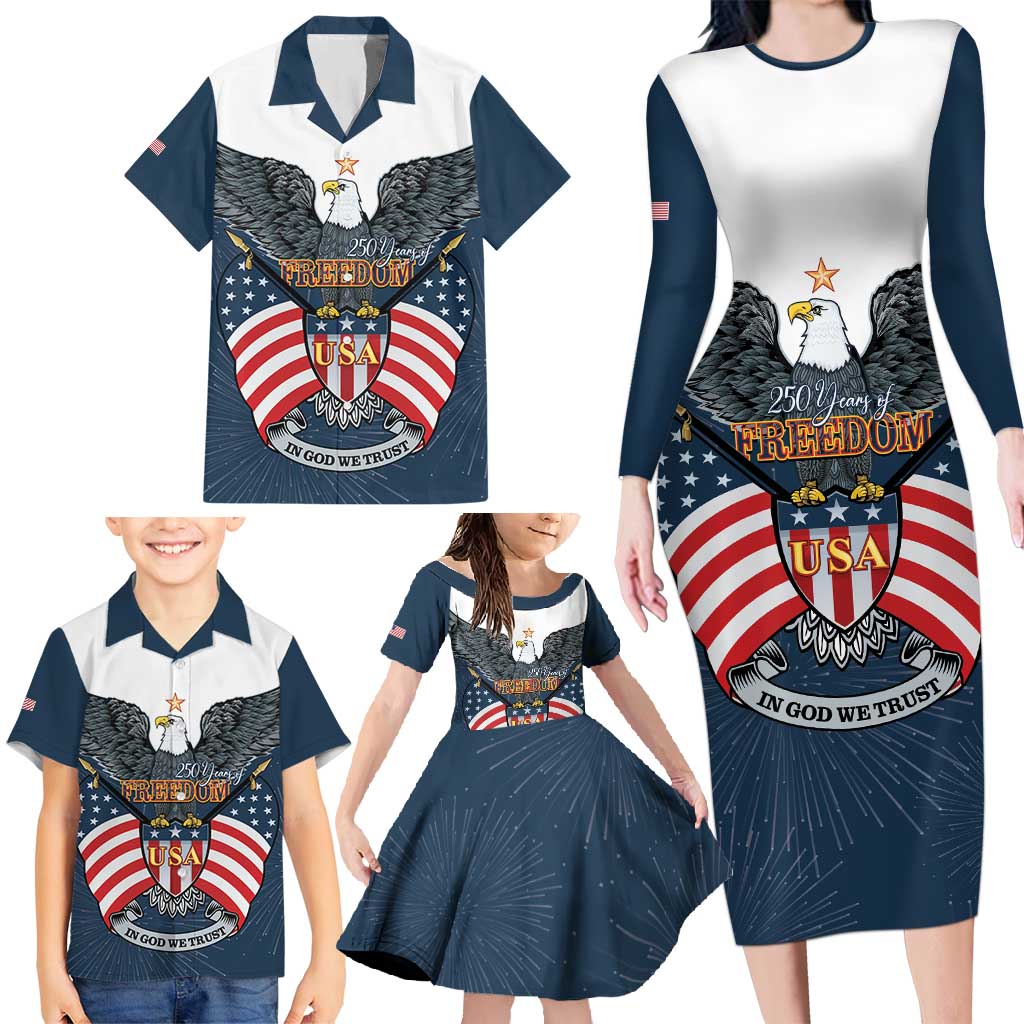 Personalized United States 4th Of July Family Matching Long Sleeve Bodycon Dress and Hawaiian Shirt 250 Years Of Freedom USA Power Eagle - Wonder Print Shop