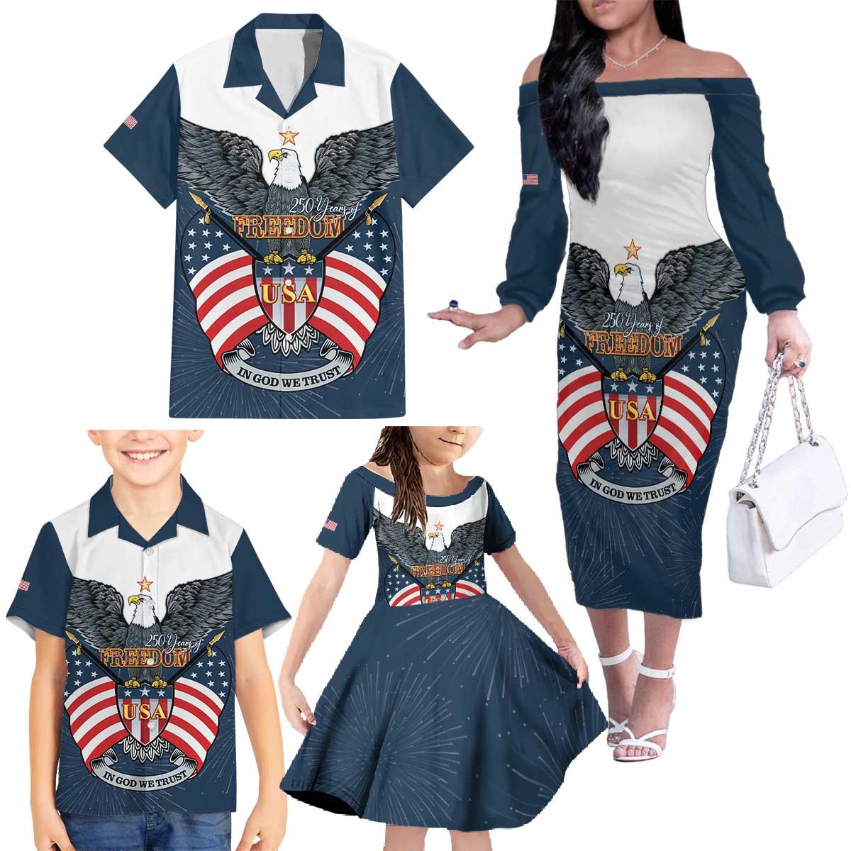 Personalized United States 4th Of July Family Matching Off The Shoulder Long Sleeve Dress and Hawaiian Shirt 250 Years Of Freedom USA Power Eagle - Wonder Print Shop