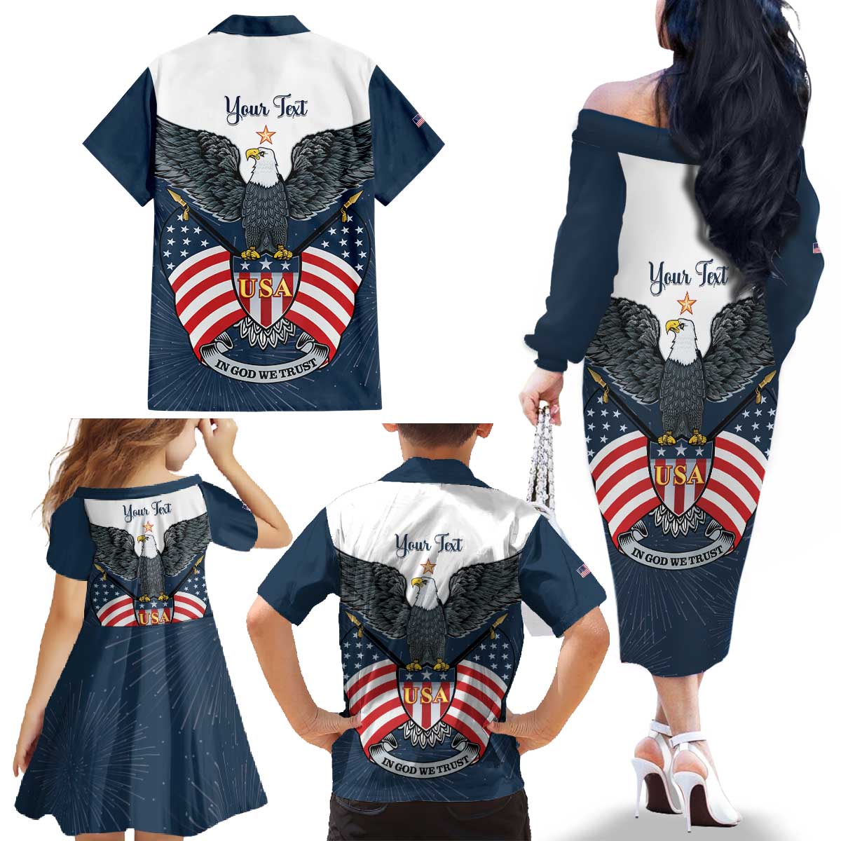 Personalized United States 4th Of July Family Matching Off The Shoulder Long Sleeve Dress and Hawaiian Shirt 250 Years Of Freedom USA Power Eagle - Wonder Print Shop