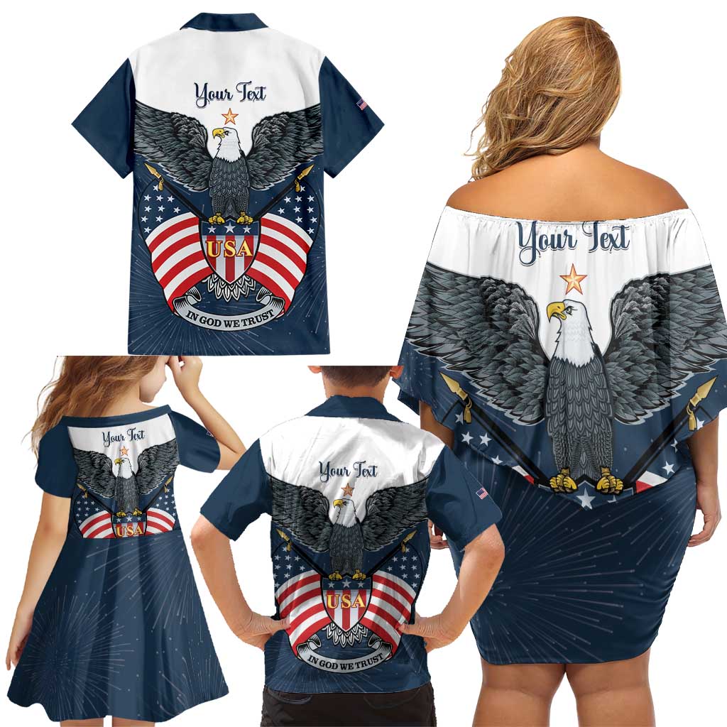 Personalized United States 4th Of July Family Matching Off Shoulder Short Dress and Hawaiian Shirt 250 Years Of Freedom USA Power Eagle - Wonder Print Shop