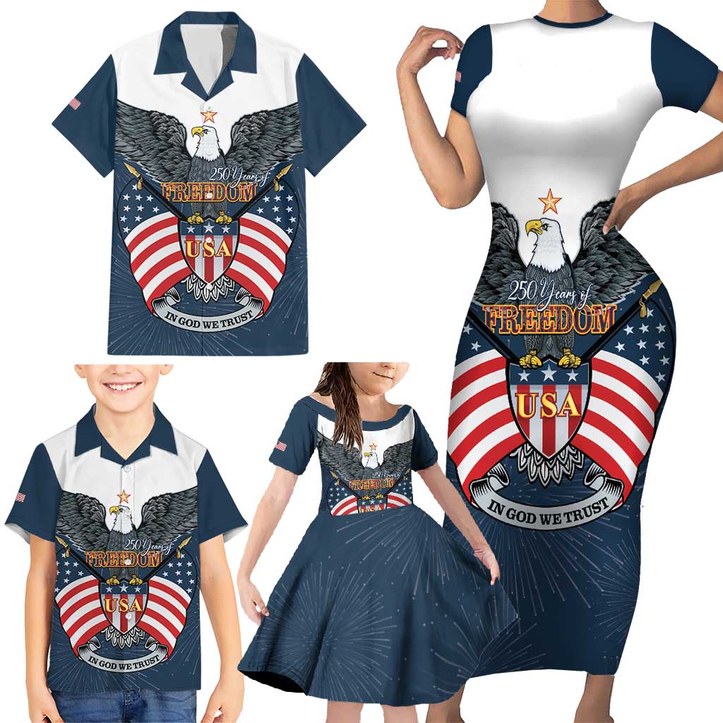 Personalized United States 4th Of July Family Matching Short Sleeve Bodycon Dress and Hawaiian Shirt 250 Years Of Freedom USA Power Eagle - Wonder Print Shop