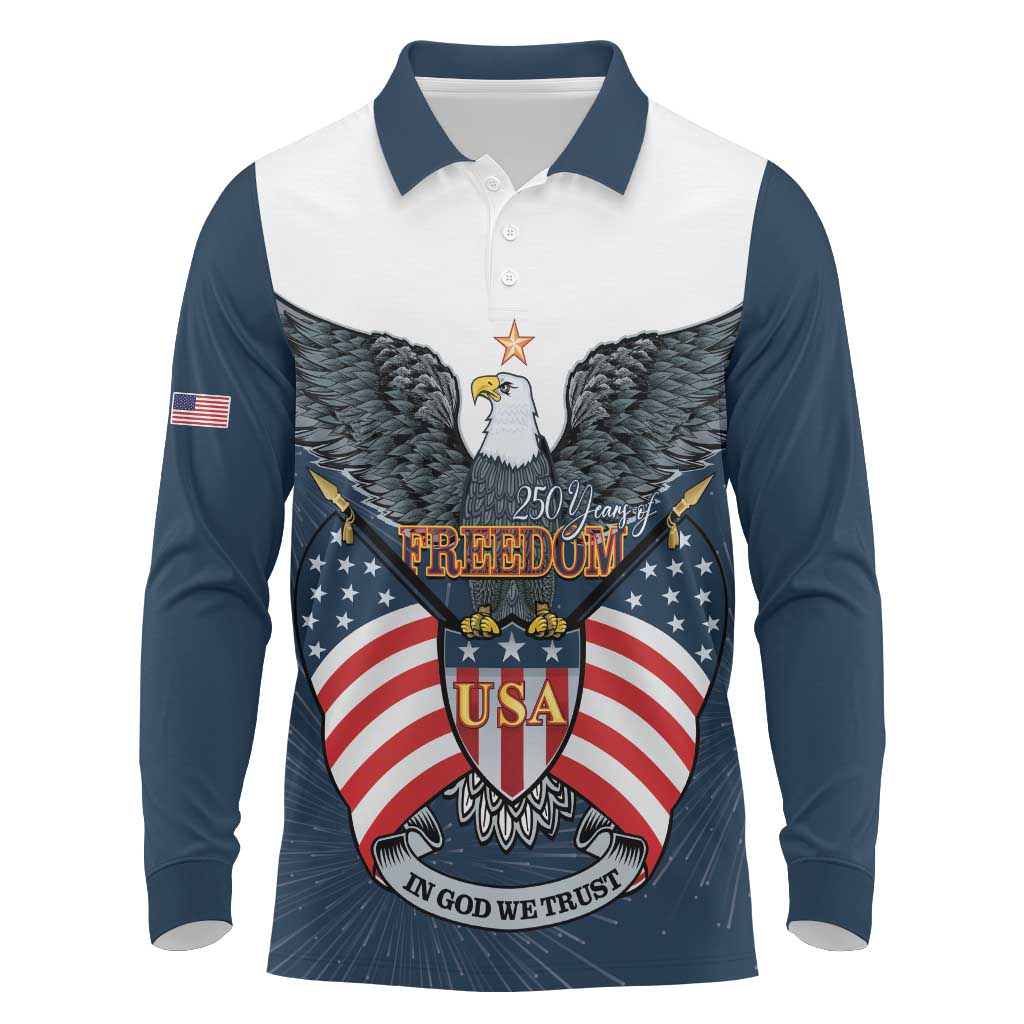 Personalized United States 4th Of July Long Sleeve Polo Shirt 250 Years Of Freedom USA Power Eagle - Wonder Print Shop