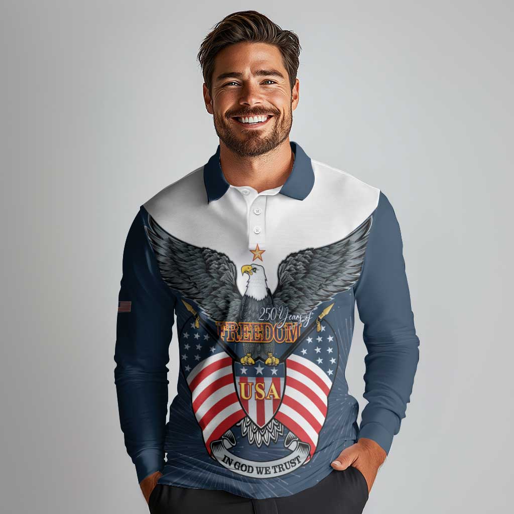 Personalized United States 4th Of July Long Sleeve Polo Shirt 250 Years Of Freedom USA Power Eagle - Wonder Print Shop