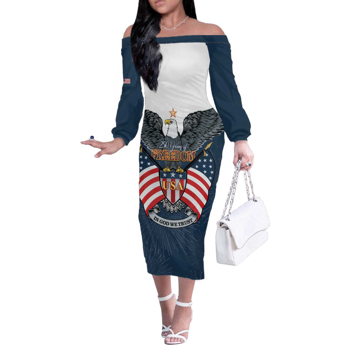 Personalized United States 4th Of July Off The Shoulder Long Sleeve Dress 250 Years Of Freedom USA Power Eagle - Wonder Print Shop