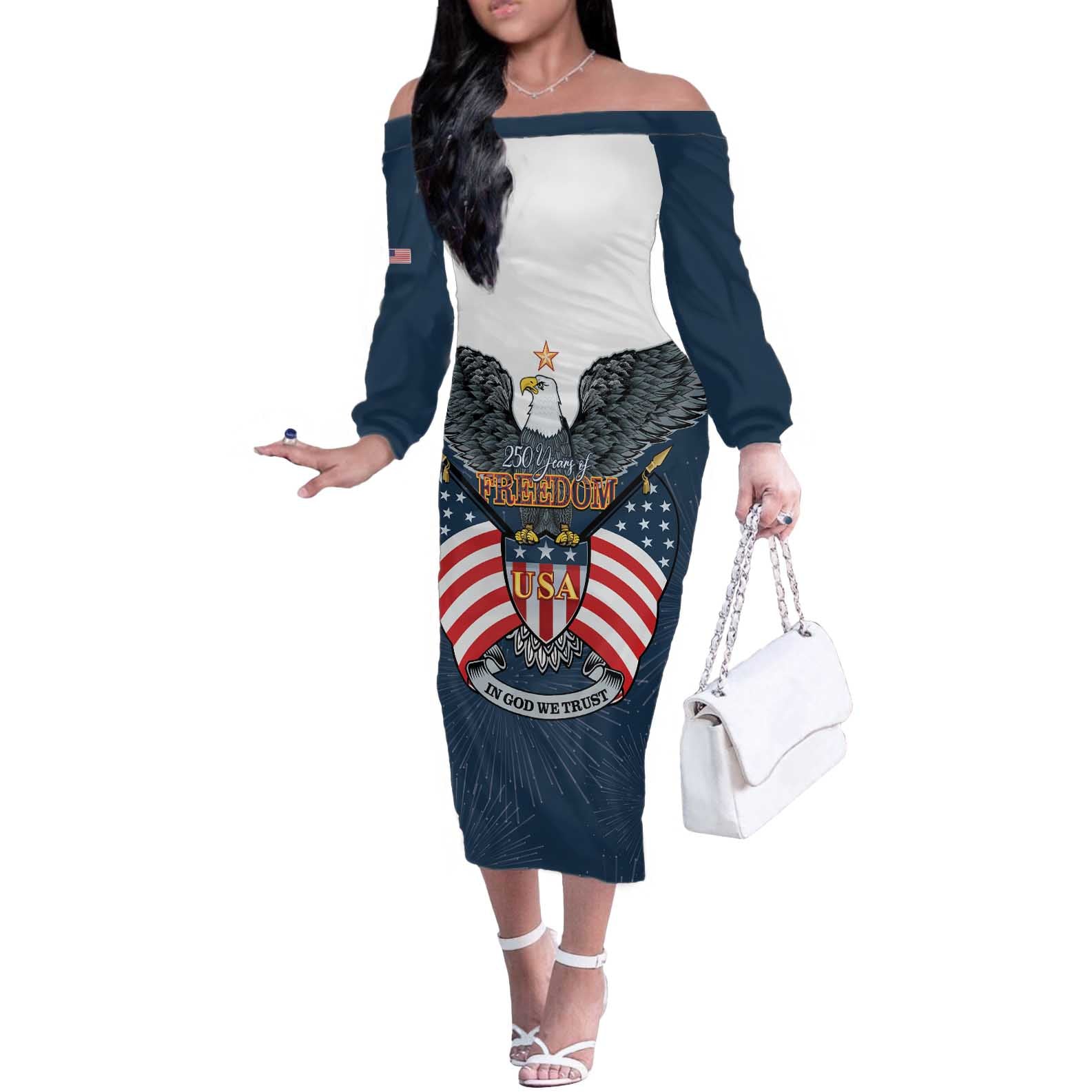 Personalized United States 4th Of July Off The Shoulder Long Sleeve Dress 250 Years Of Freedom USA Power Eagle - Wonder Print Shop