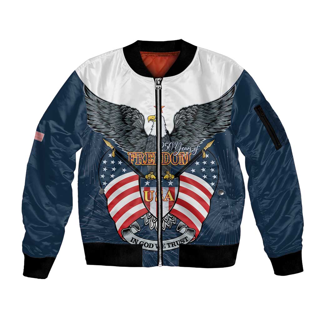 Personalized United States 4th Of July Sleeve Zip Bomber Jacket 250 Years Of Freedom USA Power Eagle - Wonder Print Shop