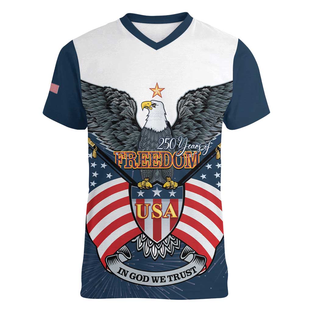 Personalized United States 4th Of July Women V-Neck T-Shirt 250 Years Of Freedom USA Power Eagle - Wonder Print Shop