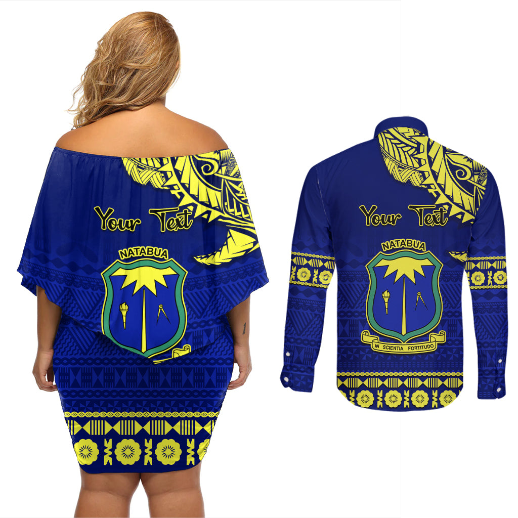 Personalised Fiji Natabua High School Couples Matching Off Shoulder Short Dress and Long Sleeve Button Shirt Fijian Tapa Pattern - Wonder Print Shop