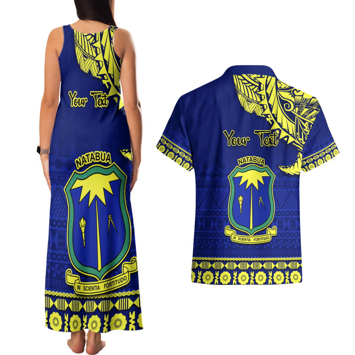Personalised Fiji Natabua High School Couples Matching Tank Maxi Dress and Hawaiian Shirt Fijian Tapa Pattern - Wonder Print Shop