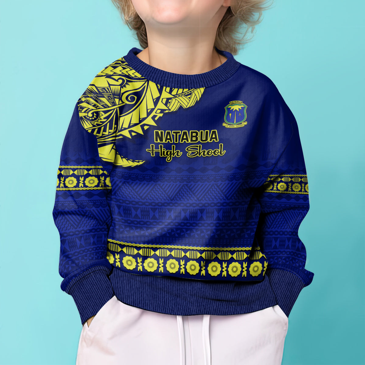 Personalised Fiji Natabua High School Kid Ugly Christmas Sweater Fijian Tapa Pattern - Wonder Print Shop