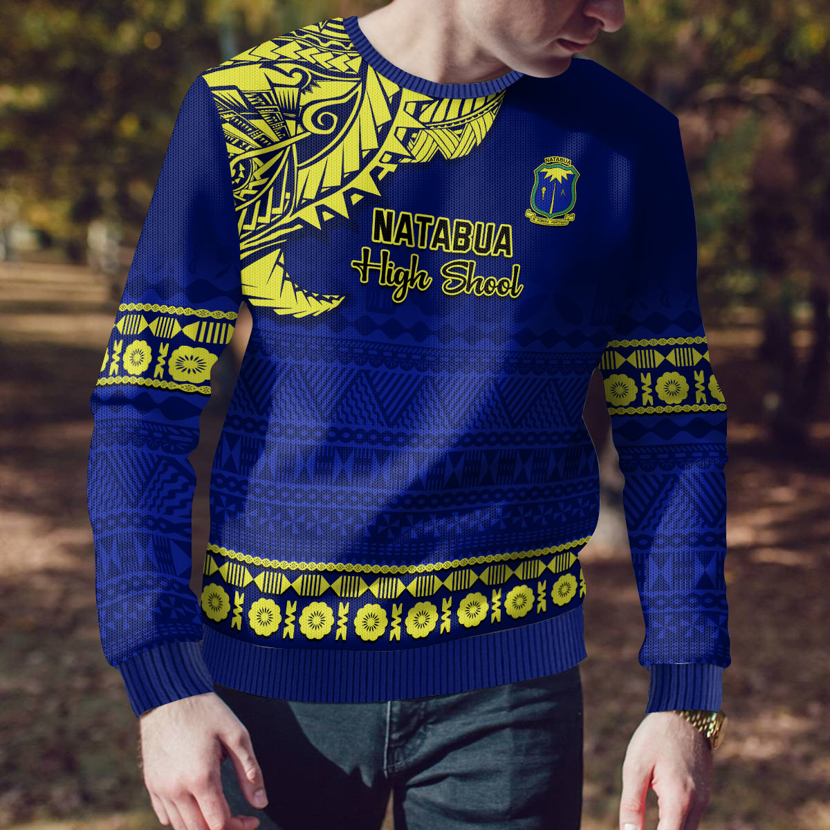 Personalised Fiji Natabua High School Ugly Christmas Sweater Fijian Tapa Pattern - Wonder Print Shop