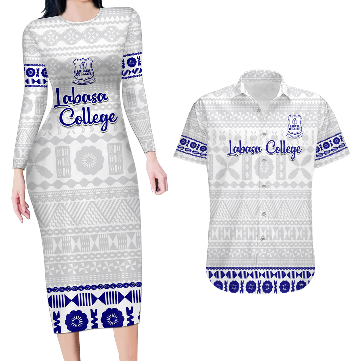 Personalised Fiji Labasa College Couples Matching Long Sleeve Bodycon Dress and Hawaiian Shirt Fijian Tapa Pattern - Wonder Print Shop