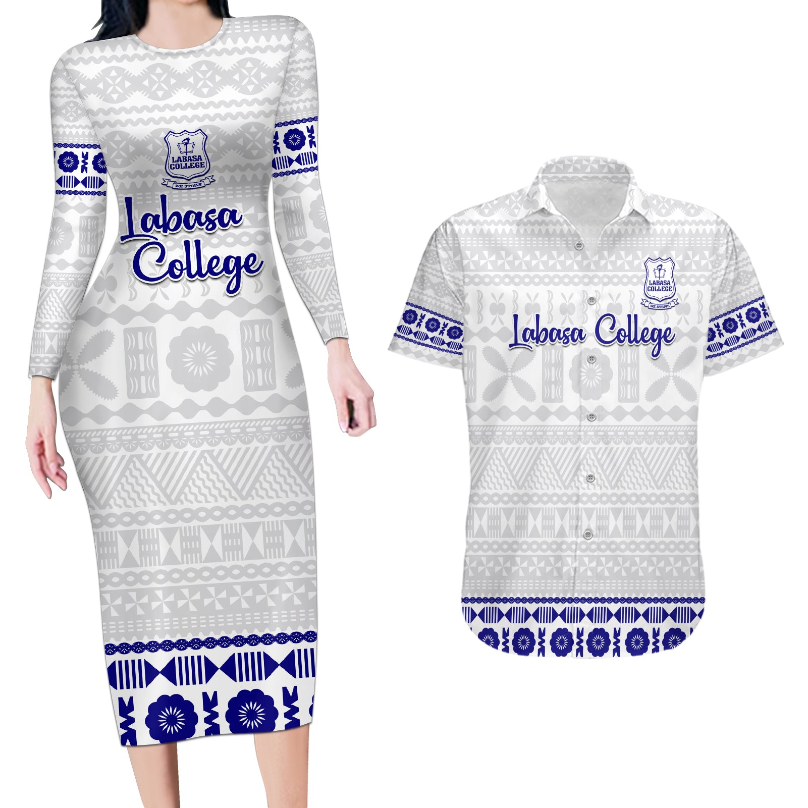 Personalised Fiji Labasa College Couples Matching Long Sleeve Bodycon Dress and Hawaiian Shirt Fijian Tapa Pattern - Wonder Print Shop