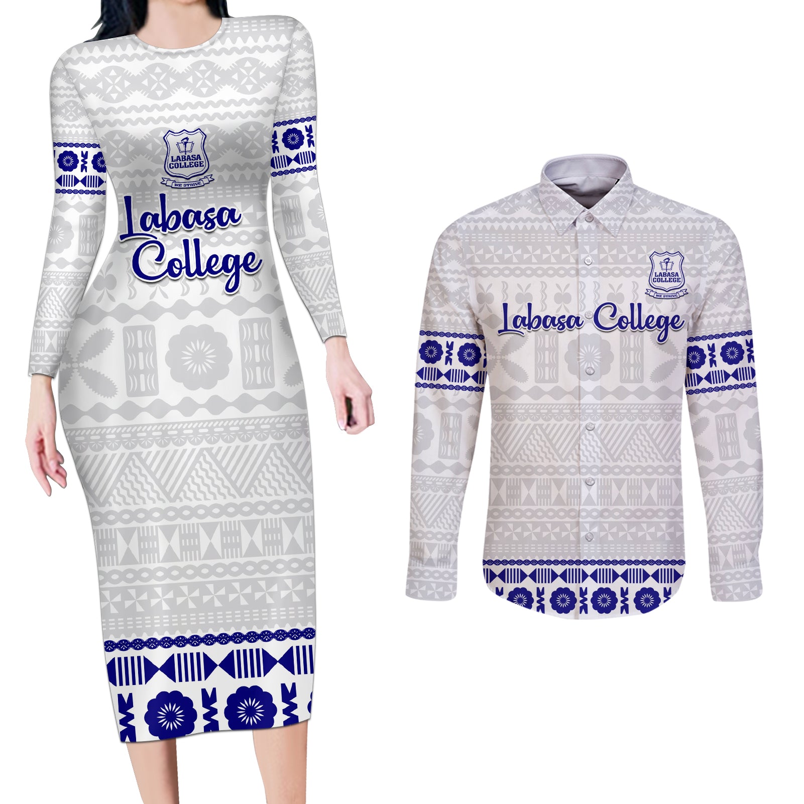 Personalised Fiji Labasa College Couples Matching Long Sleeve Bodycon Dress and Long Sleeve Button Shirt Fijian Tapa Pattern - Wonder Print Shop