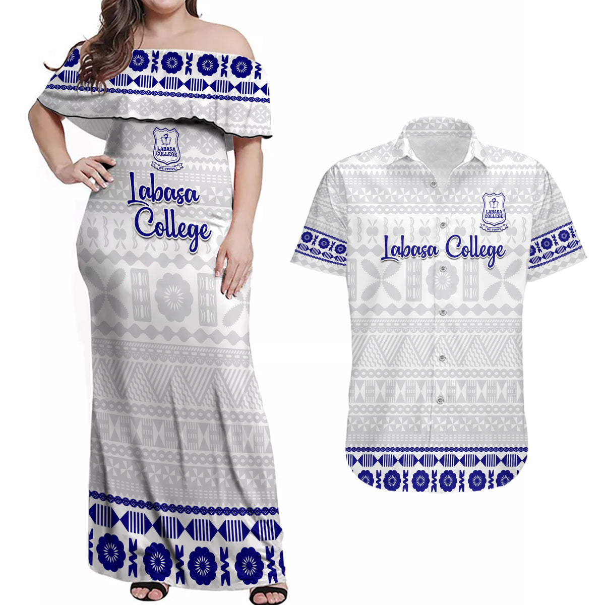 Personalised Fiji Labasa College Couples Matching Off Shoulder Maxi Dress and Hawaiian Shirt Fijian Tapa Pattern - Wonder Print Shop