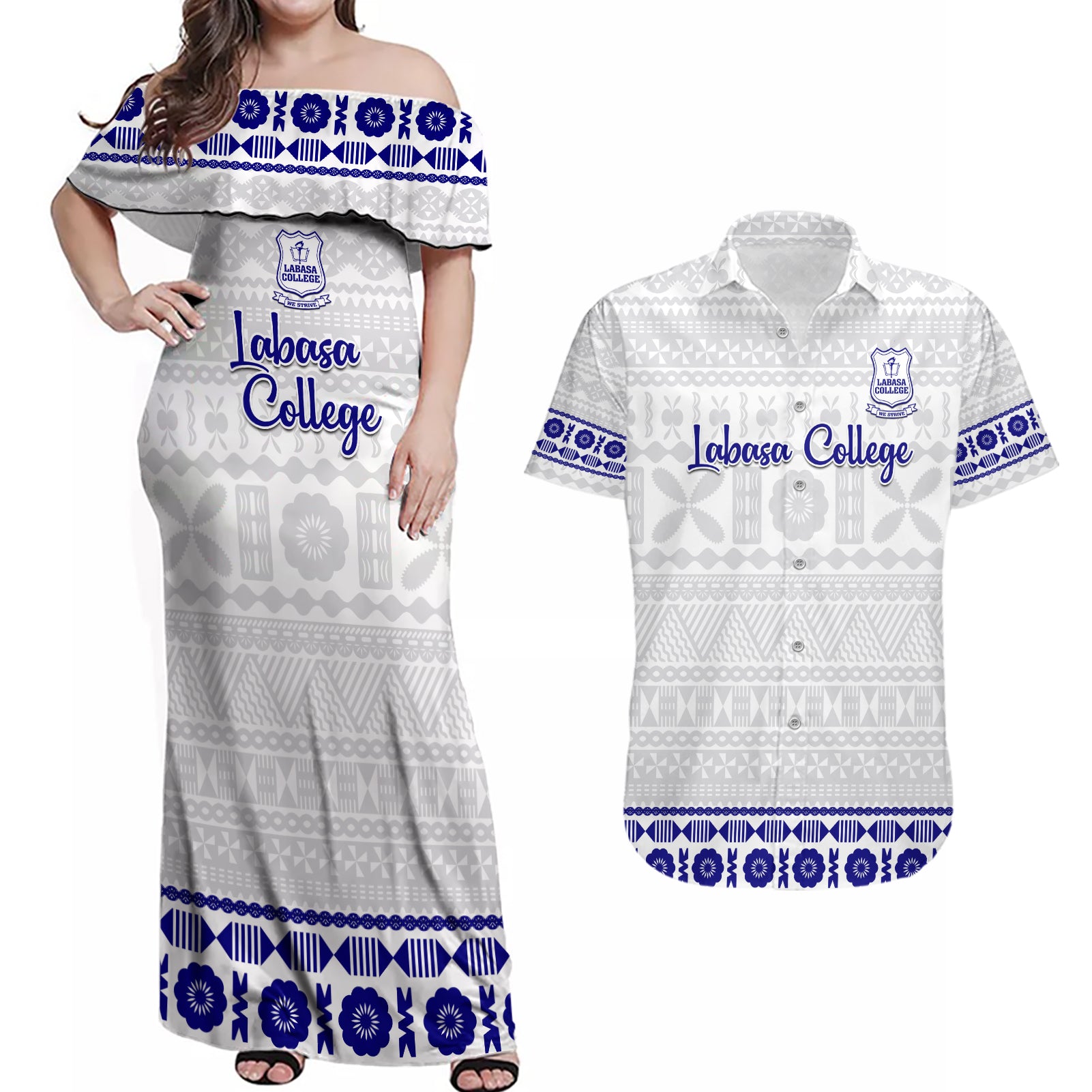 Personalised Fiji Labasa College Couples Matching Off Shoulder Maxi Dress and Hawaiian Shirt Fijian Tapa Pattern - Wonder Print Shop