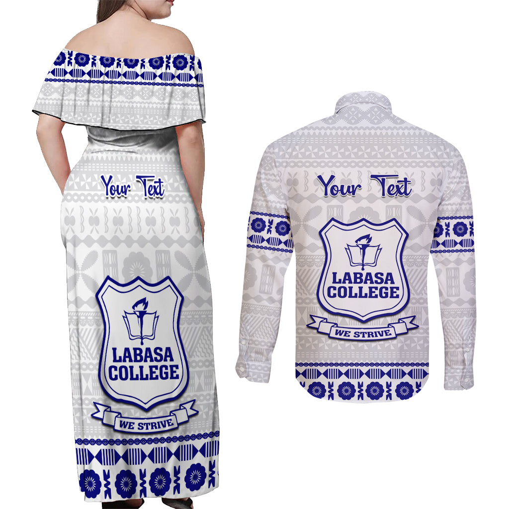 Personalised Fiji Labasa College Couples Matching Off Shoulder Maxi Dress and Long Sleeve Button Shirt Fijian Tapa Pattern - Wonder Print Shop
