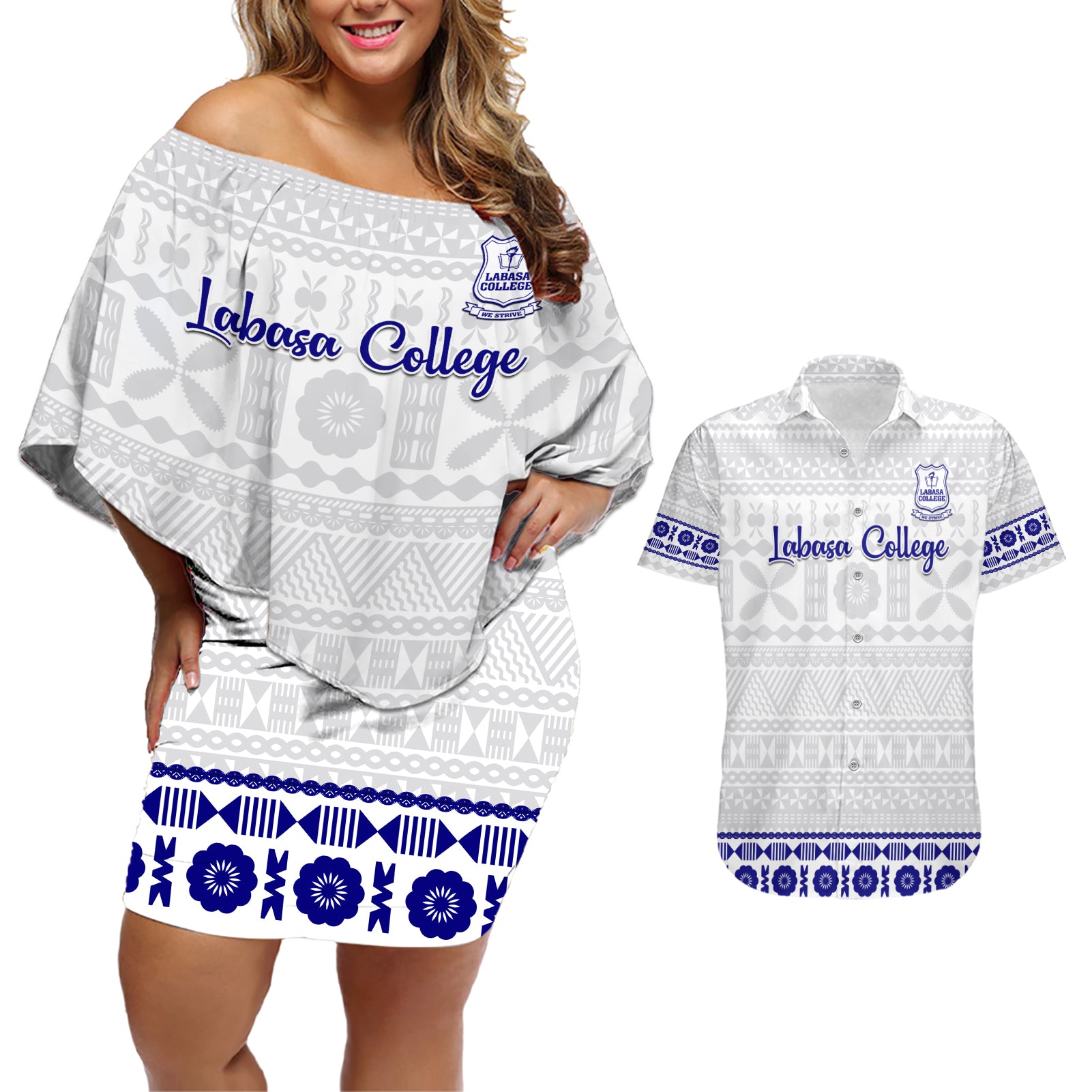 Personalised Fiji Labasa College Couples Matching Off Shoulder Short Dress and Hawaiian Shirt Fijian Tapa Pattern - Wonder Print Shop