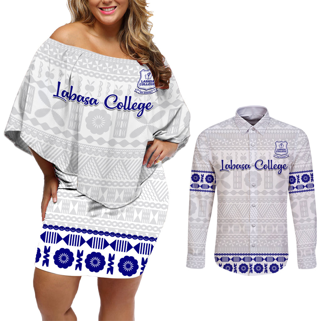 Personalised Fiji Labasa College Couples Matching Off Shoulder Short Dress and Long Sleeve Button Shirt Fijian Tapa Pattern - Wonder Print Shop