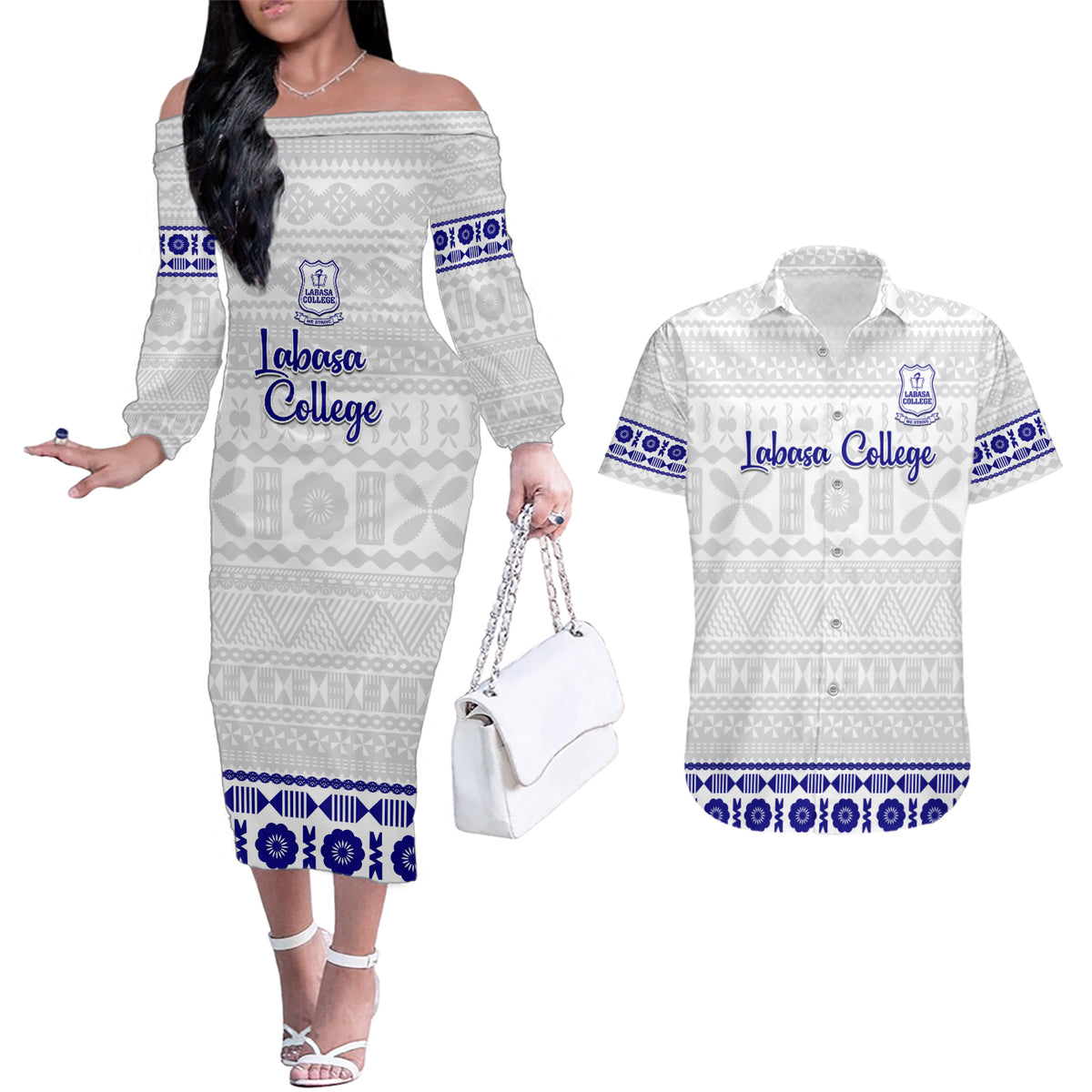 Personalised Fiji Labasa College Couples Matching Off The Shoulder Long Sleeve Dress and Hawaiian Shirt Fijian Tapa Pattern - Wonder Print Shop
