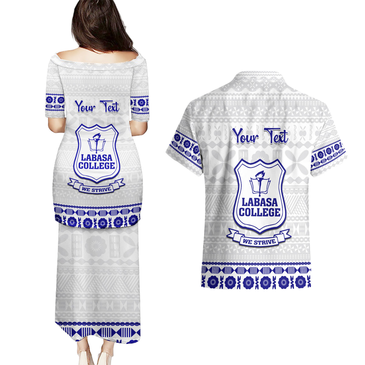 Personalised Fiji Labasa College Couples Matching Puletasi Dress and Hawaiian Shirt Fijian Tapa Pattern - Wonder Print Shop