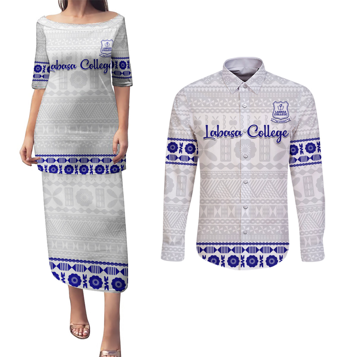 Personalised Fiji Labasa College Couples Matching Puletasi Dress and Long Sleeve Button Shirt Fijian Tapa Pattern - Wonder Print Shop