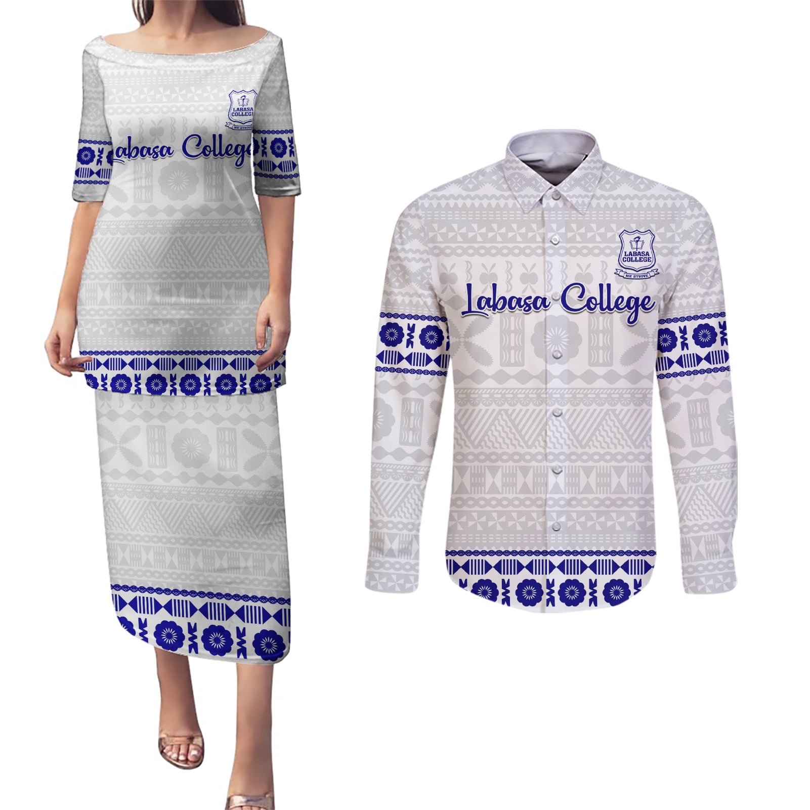 Personalised Fiji Labasa College Couples Matching Puletasi Dress and Long Sleeve Button Shirt Fijian Tapa Pattern - Wonder Print Shop