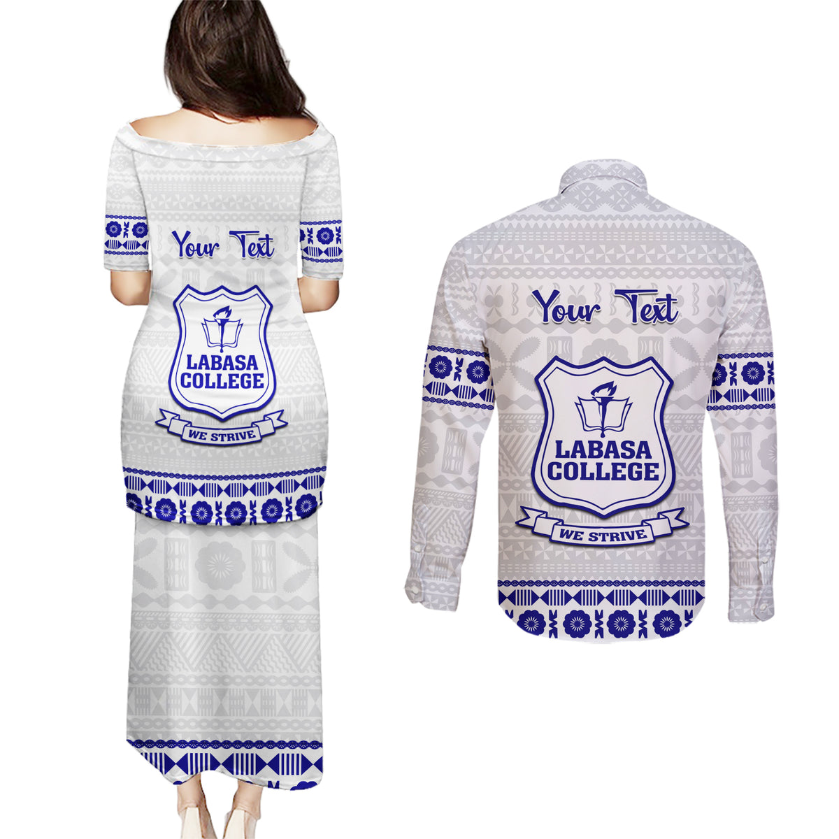 Personalised Fiji Labasa College Couples Matching Puletasi Dress and Long Sleeve Button Shirt Fijian Tapa Pattern - Wonder Print Shop