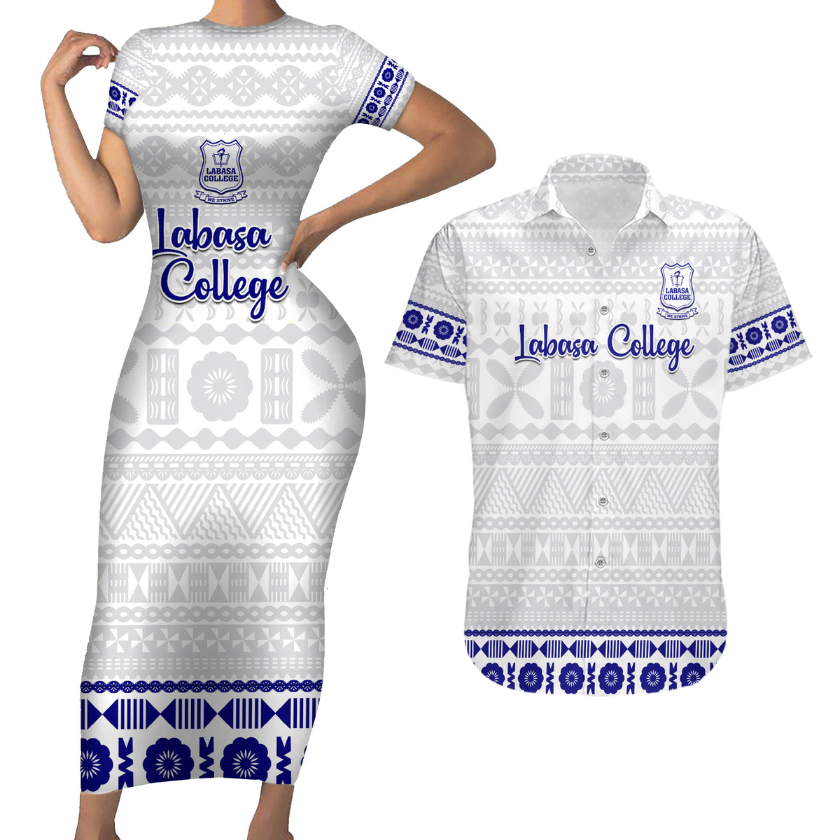 Personalised Fiji Labasa College Couples Matching Short Sleeve Bodycon Dress and Hawaiian Shirt Fijian Tapa Pattern - Wonder Print Shop