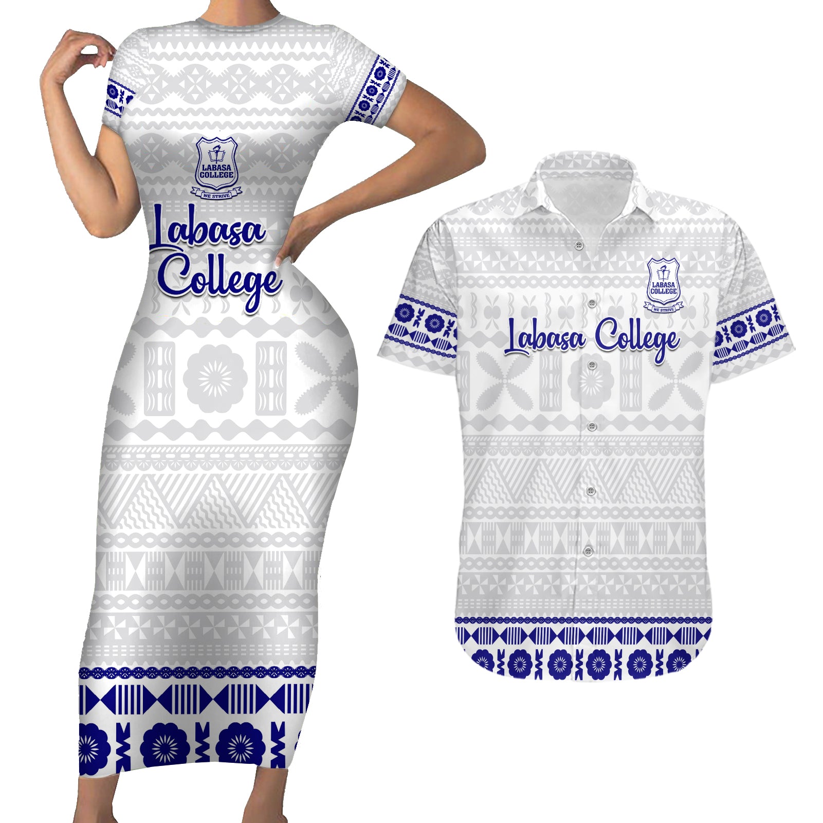 Personalised Fiji Labasa College Couples Matching Short Sleeve Bodycon Dress and Hawaiian Shirt Fijian Tapa Pattern - Wonder Print Shop