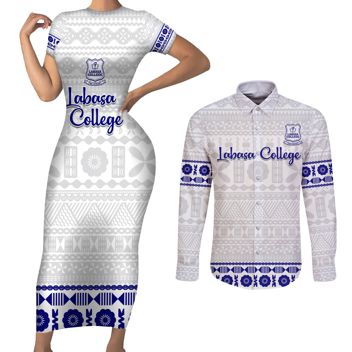 Personalised Fiji Labasa College Couples Matching Short Sleeve Bodycon Dress and Long Sleeve Button Shirt Fijian Tapa Pattern - Wonder Print Shop