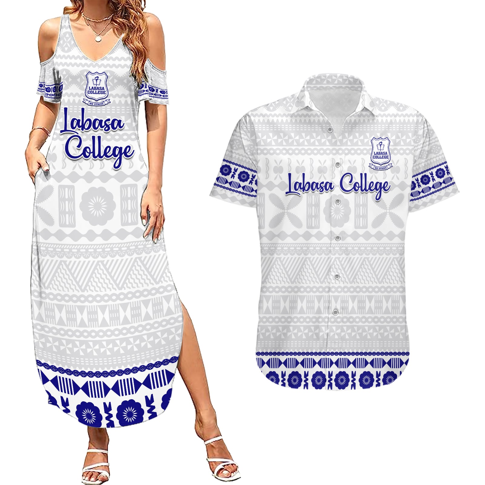 Personalised Fiji Labasa College Couples Matching Summer Maxi Dress and Hawaiian Shirt Fijian Tapa Pattern - Wonder Print Shop