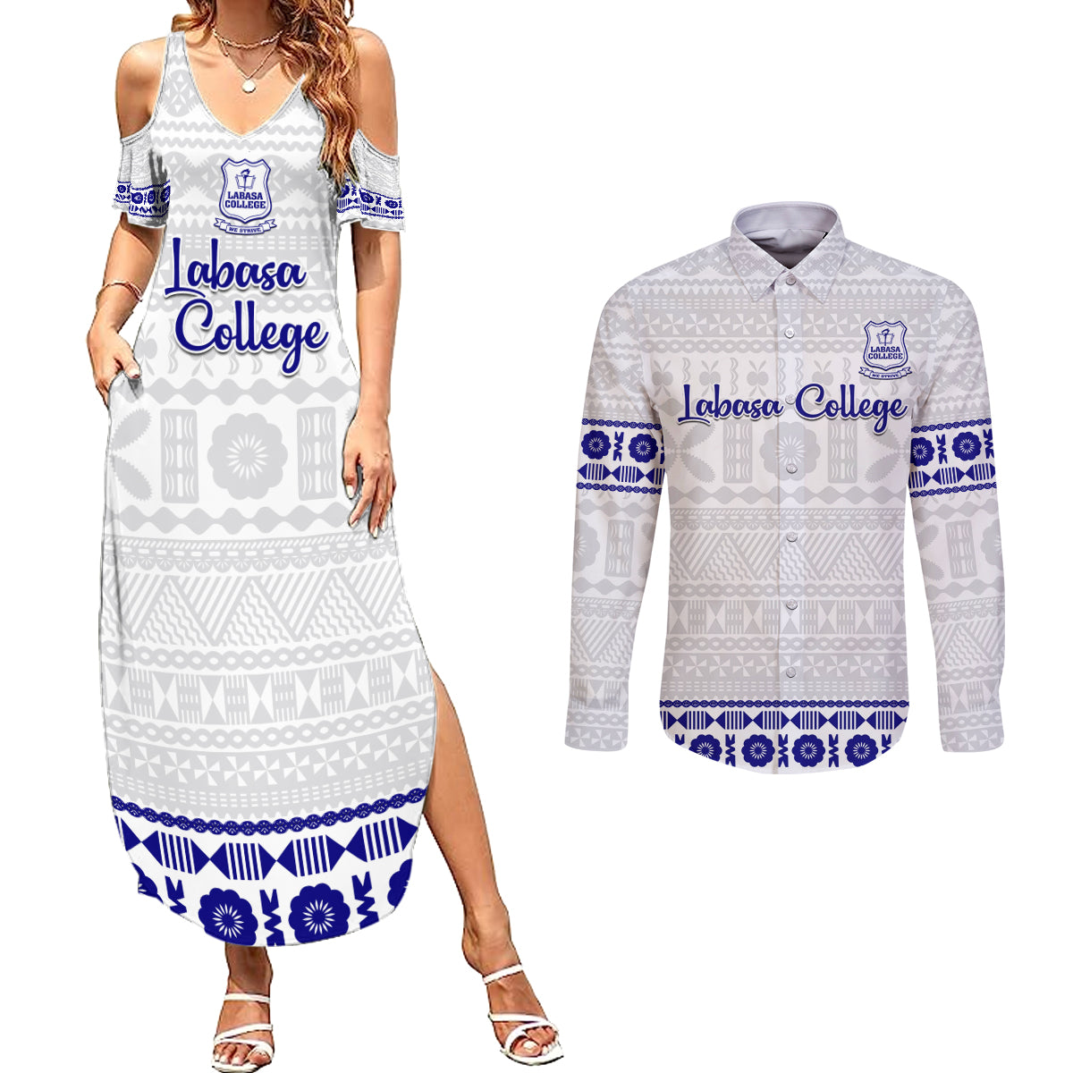 Personalised Fiji Labasa College Couples Matching Summer Maxi Dress and Long Sleeve Button Shirt Fijian Tapa Pattern - Wonder Print Shop