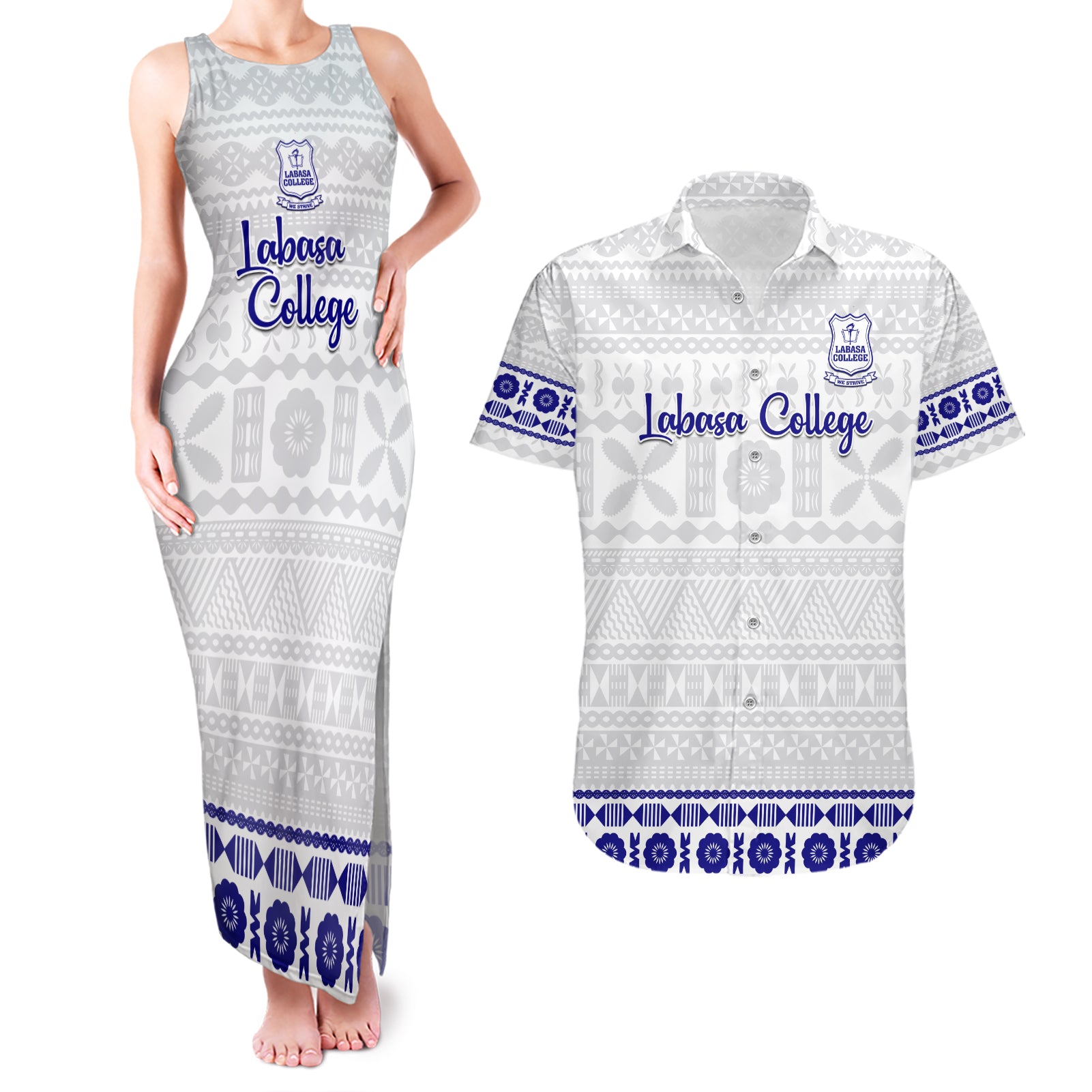 Personalised Fiji Labasa College Couples Matching Tank Maxi Dress and Hawaiian Shirt Fijian Tapa Pattern - Wonder Print Shop